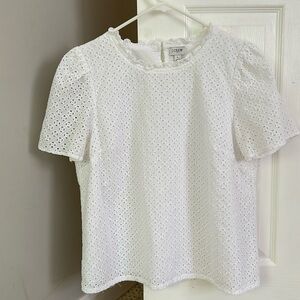 J.Crew Women L White Sheer Eyelet Cotton Preppy Frill Collared Puff-Sleeve Top